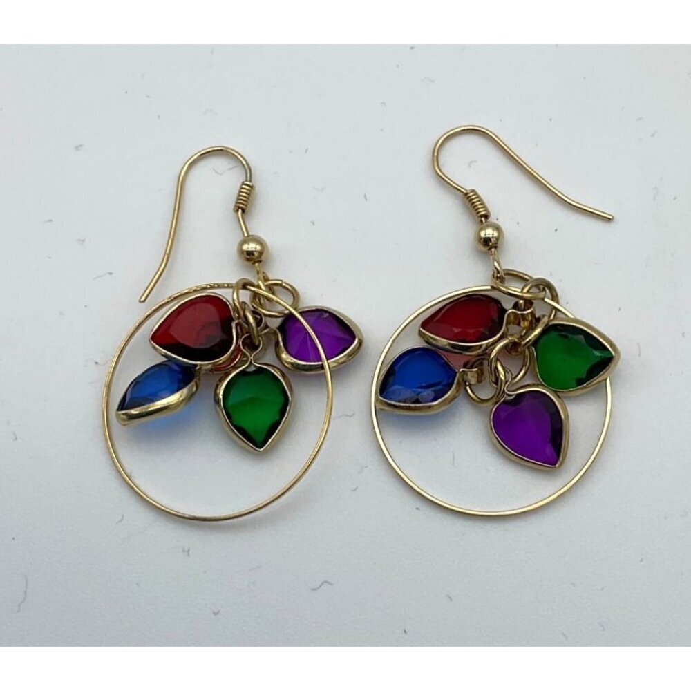 Gold Tone Dangle Hoop Earrings with Multicolored Heart Gems Hook Backs